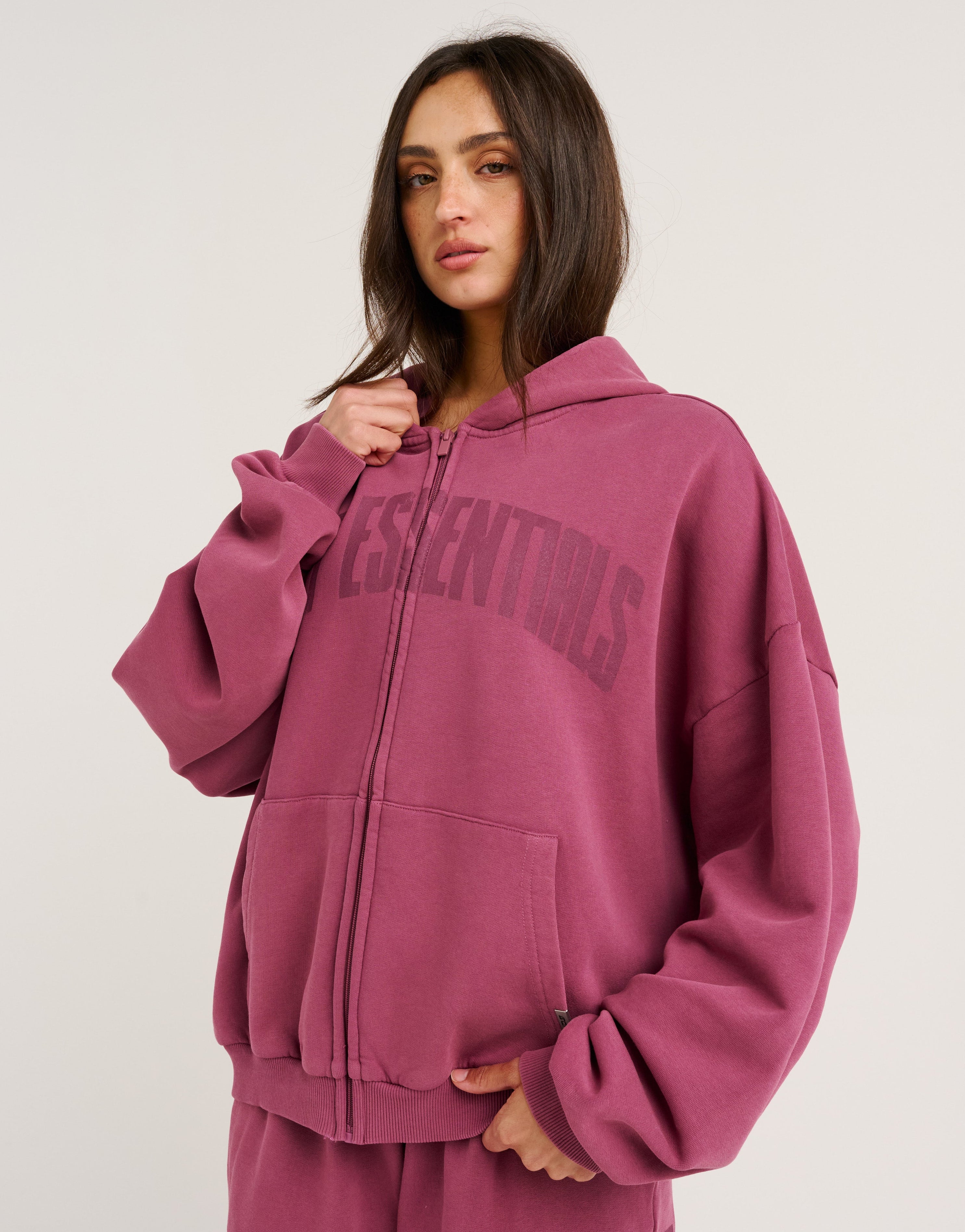 College Combed Fleece Zip-Up Hoodie - Plum